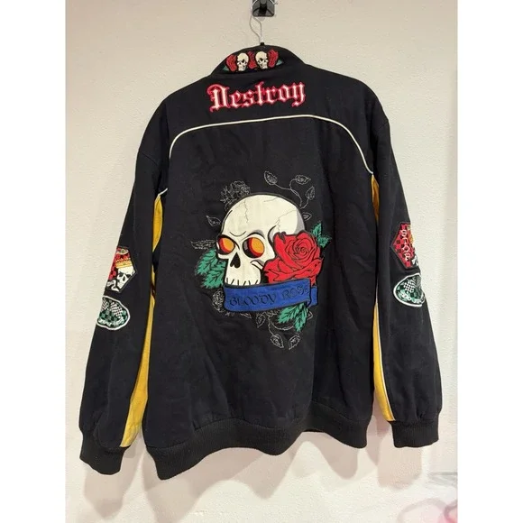 Vintage Y2K Blue Axes Snap Bomber Jacket Skulls Size XL - Picture 12 of 12